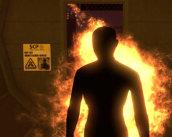 SCP-457 standing in front of a doorway.